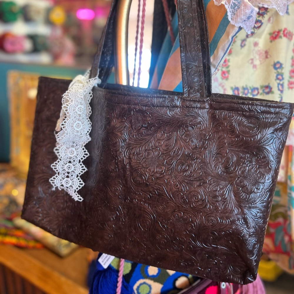 Elegant Brown Embossed Faux Leather Tote